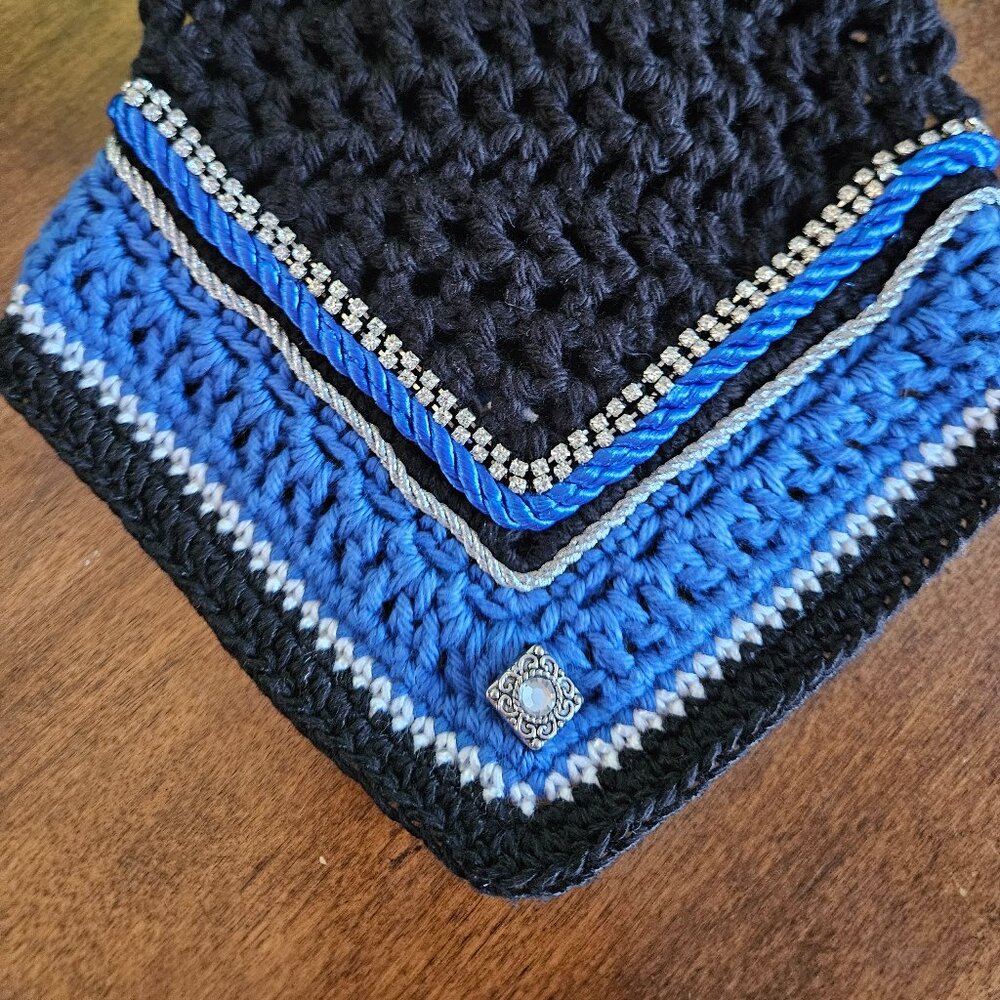 Handmade Horse Show Bonnet: Black, Blue, and Silver Rhinestone Braid